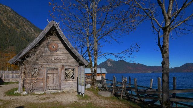 Wooden hut in the Flake Viking village, lake Walchensee or Lake Walchen, Upper Bavaria, Bavaria, Germany, Europe