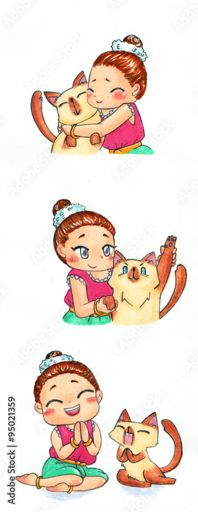 Wall mural cute cartoon character mascot illustration art of thai girl child in old-fashion costume and her sia