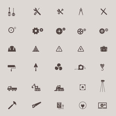 Civil engineering, technician, labor, excavator transport and construction site industry graphic tool sign and symbol icon collection set, create by vector