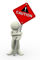 3d man with caution sign board