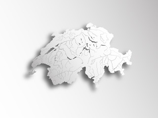 Map of Switzerland with paper cut effect. Rivers and lakes are shown.