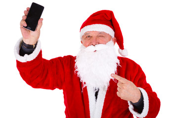 Santa Claus winking calling phone closeup Portrait Isolated on White Background