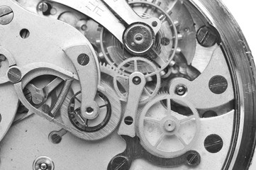 Metal Cogwheels Clockwork Black and white Macro Photo.