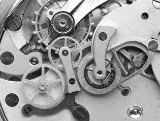 Metal Cogwheels Clockwork Black and white Macro Photo.