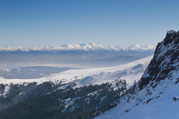 Rila Mountains seen from the Vitosha Mountain. Seen ski resort of Borovets and the highest peak in the Balkans - Musala (2925 m above sea level), Bulgaria.