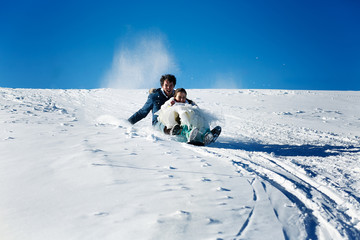 bride and groom in love sledding background of the Alps Courchev