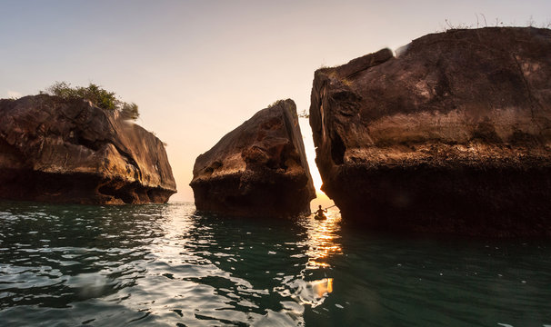 Kayaking near rocks