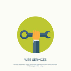 Vector illustration. Flat background with hand and wrench. Repair tools. Settings