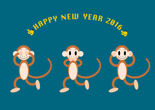 2016年申年申年の年賀状イラスト: 見猿聞か猿言わ猿	