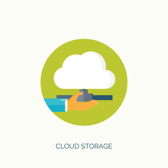 Flat cloud computing background. Data storage network technology. Multimedia content and web sites hosting