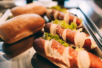 Sandwiches and bagels with sausage