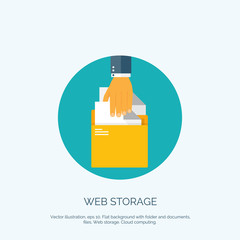 Vector illustration. Flat background with hand folder. Web data storage. Cloud computing