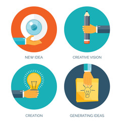 Vector illustration. Flat creative background with hand, bulb, eye and pen. Generating new ideas. Smart solutions