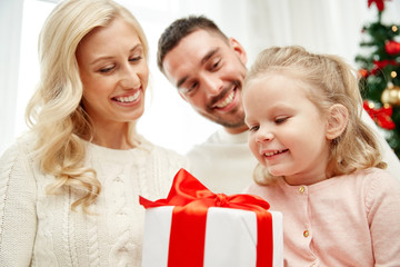 Fototapeta na wymiar happy family at home with christmas gift box