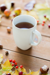 close up of tea cup on table with autumn leaves