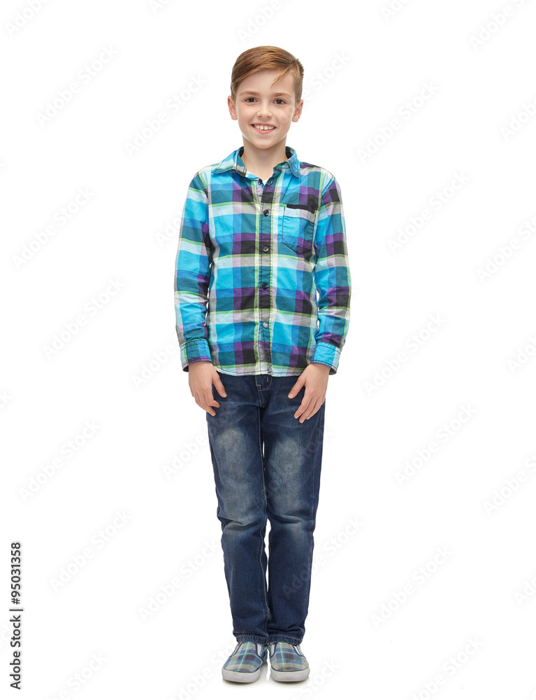 Sticker smiling boy in checkered shirt and jeans