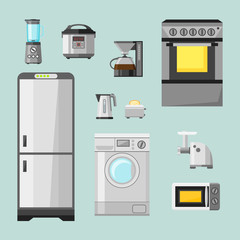 Kitchen appliances flat icons set. Set of cooking elements: electric kettle, toaster, fridge, microwave, coffee machine, blender, grinder, stove.
