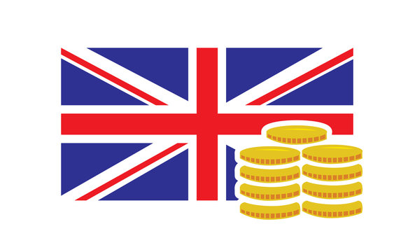 Flat vector image of the British flag and coins