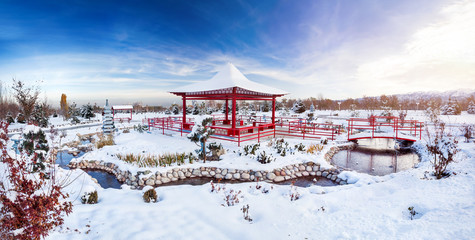 Winter Japanese garden in Almaty