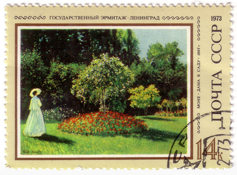 USSR- CIRCA 1973: A stamp printed by USSR, painter Monet, lady in garden, 1867, State Hermitage Museum, St. Petersburg, circa 1973