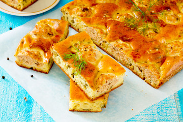 Homemade pie with salmon fish balls, choux pastry.