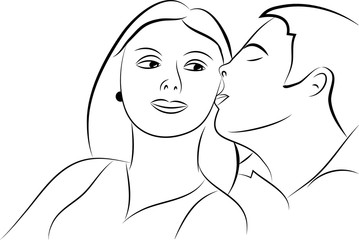 Young couple kissing, simple black and white illustration