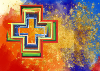 Naklejki  Streszczenie artystyczny kolorowy krzyż w tle tempery lub akwareli