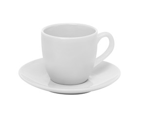White cup and saucer isolated on white background