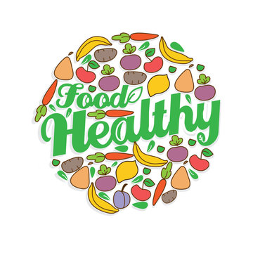 bright colorful background with a pattern of vegetables and fruits and the words healthy food on white background