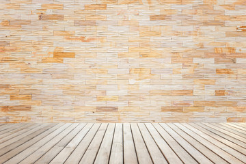 Empty top of wooden floor and natural stone wall