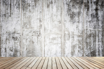 Empty top of wooden floor and natural stone wall