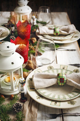 Christmas table setting. Holiday Decorations.