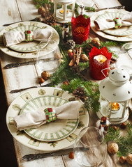 Christmas table setting. Holiday Decorations.