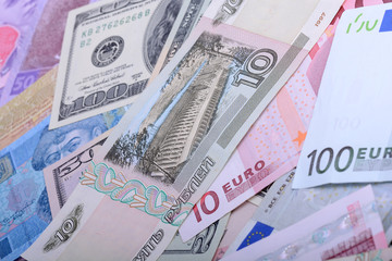 european and american money, hryvnia, rubble and dollars
