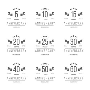 Vector set of anniversary signs, symbols. 5,10, 20, 25, 30, 35, 40, 50,60 years jubilee design elements collection. 5th,10th, 20th, 25th, 30th, 35th, 40th, 50th,60th anniversary logos.