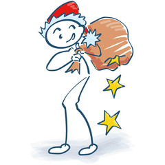 Strichmännchen als Weihnachtsmann mit Geschenksack und Sternchen