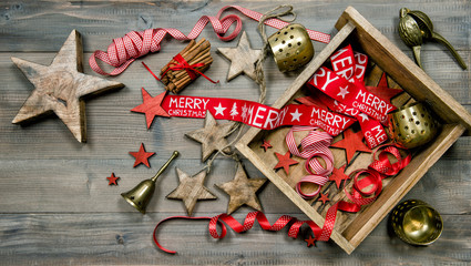 Christmas decorations, ornaments and tools. Vintage style dark