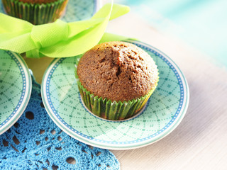 Buckwheat flour gluten free muffins on a wooden table