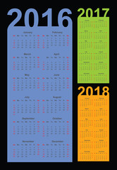 Calendar for 2016, 2017 and 2018 year, vector
