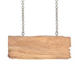 Old  wooden sign with chain on white background