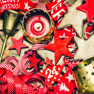 Christmas decoration red stars and ribbons. Vintage style colore