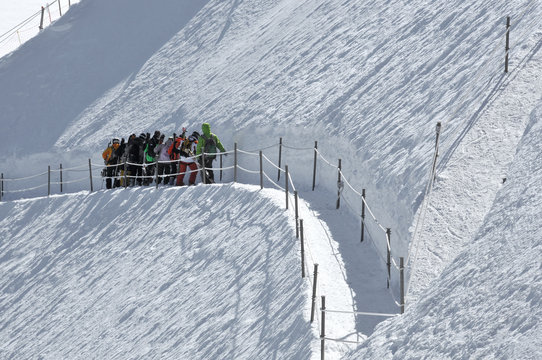 safety barriers: walking down the glacier on the Aiguille du Midi, Chamonix, France