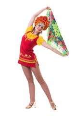 Young woman wearing a folk costumes dancing.  Isolated on white in full length