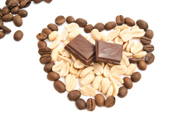coffee beans, peanuts and chocolate bar