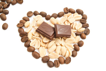 coffee beans, peanuts and chocolate