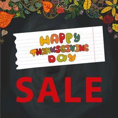 Thanksgiving day Sale.Autumn leaves.Chalkboard