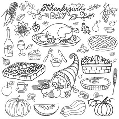 Thanksgiving day.Doodle food icons.Linearset