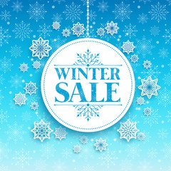 Obraz premium Winter Sale Text in White Space with Snow Flakes Hanging in Blue Pattern Background. Vector Illustration 