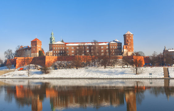 View of the Wawel castle and the Vistula River in Krakow in winter day