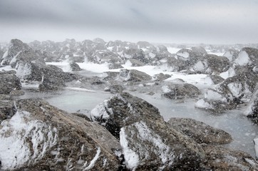 Schneegestöber am Dettifoss in Island